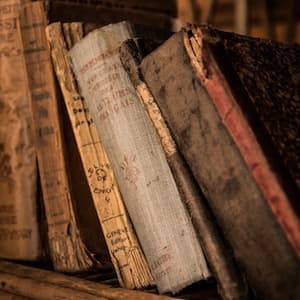 Several old books line on the shelf.